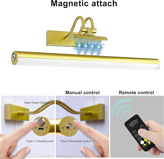 Picture Light,Wireless Art Light Stick-On,Magnetic Wall Light,Battery Accent Light with Timer and Dimmable for Painting,Frame,Portrait,Artwork-Gold 16"