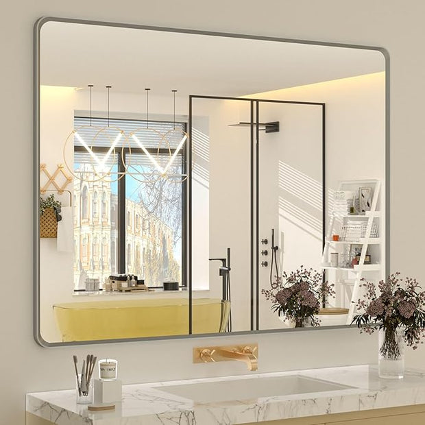 OKPAL 44 x 36 Brushed Nickel Bathroom Mirror for Wall, Rounded Rectangle Silver Framed Bathroom Vanity Mirror, Beveled Silver Vanity Mirror, Anti-Rust, HD Shatterproof Glass
