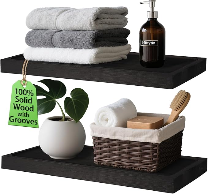 Solid Wood Floating Shelves for Wall 16 inch Bathroom Hanging Wall Shelves Set of 2 for Living Room Bedroom Kitchen Farmhouse 16x6.7 inch - Black