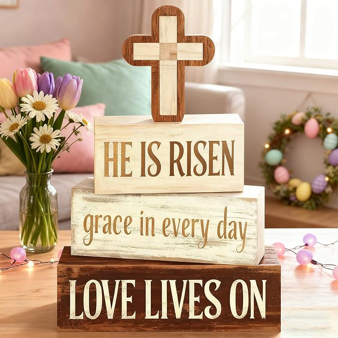Easter Decorations - He Is Risen Cross Tiered Tray Decor - Religious Easter Wooden Tabletop Sign - Faith Farmhouse Easter Home Decor for Shelf Mantel Indoor - Spring Home Decor for Living Room, Kitchen Counter