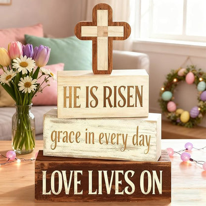 Easter Decorations - He Is Risen Cross Tiered Tray Decor - Religious Easter Wooden Tabletop Sign - Faith Farmhouse Easter Home Decor for Shelf Mantel Indoor - Spring Home Decor for Living Room, Kitchen Counter