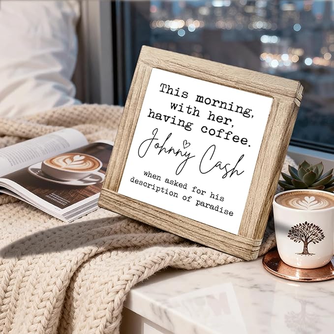 Wooden Coffees Sign This Morning With Her Having Coffee Rustic Style Coffees Quote Cafe Wall Art Ideal Coffee Lover Gift For Home Office Kitchen Bar Decor Square Farmhouse Style Wood Sign 5.9x5.9 Inch