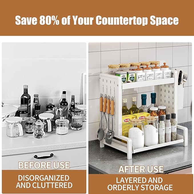Spice Rack 2 Tier Metal Standing Kitchen Seasoning Storage Shelf with Hanging Basket Pull Out Countertop Organizer for Counter, Cabinet, Pantry, Bathroom, Bedroom (White)