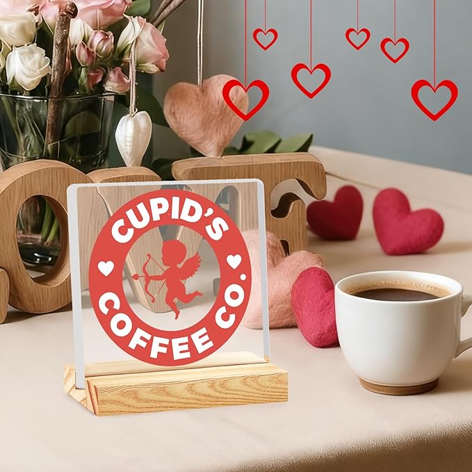 Valentines Coffee Desk Decor, Valentine's Day Gifts for Lover Bar Station, Valentine Home Office Table Sign for Kitchen Shelf Tiered Tray, Cafe Tabletop Decoration to Couples, Cupids Coffee Co