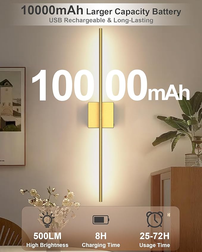 iThird 1 Pack Battery Operated Wall Sconce Light, Gold Rechargeable Wall Lights with Touch & Remote Control, 360° Rotatable, 4CCT Dimmable Wireless Wall Scone Lamp for Bedroom Living Room Hallway