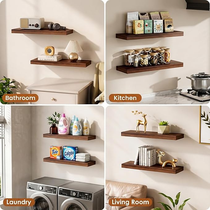 Floating Shelves for Wall Rustic Farmhouse 24 Inch Floating Shelf Wooden Shelves for Wall Pine Wood Shelf with Unique Natural Grain for Living Room Bedroom Kitchen (Espresso)
