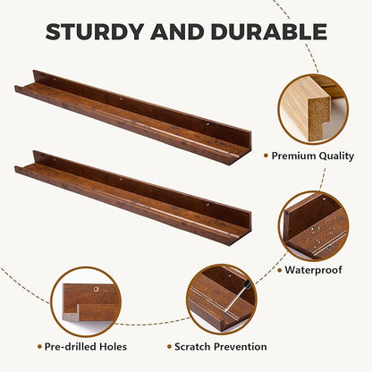 Muzilife 35.4" Large Floating Wall Ledge Shelves with Lip - Set of 2 Rustic Wood Floating Shelves - Honey Brown Wall Mounted Picture Ledge for Office, Bathroom, Bedroom, Living Room, Kitchen