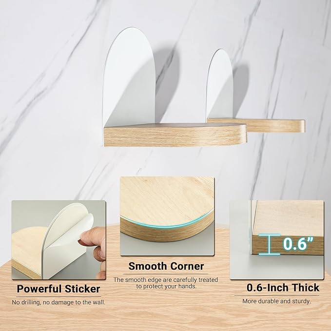 SAYAYO Small Floating Shelves for Wall Storage, 4 x 4 Inch Adhesive Wall Shelves for Bedroom Decor, Mini Display Wood Shelf Organizer with White Base for Living Room, Office, Balcony, 4 Pcs
