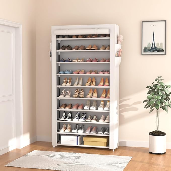 ROJASOP Shoe Rack with Covers 10 Tier Large Shoe Organizer Tall Shoe Closet Storage for 50-55 Pairs Shoe and Boot, Free Standing Shoe Rack Organizer for Closet, Entryway, Bedroom, White