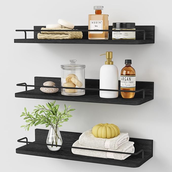 Forbena Black Floating Shelves for Wall, Bahtroom Wall Shelves Over Toilet, Rustic Hanging Shelf with Lip Rail for Bedroom Kitchen Office Living Room Picture Photo Decor, 17 Inch Long-Set of 3