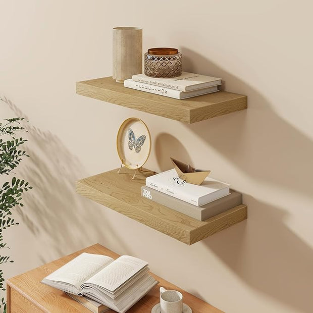 Fun Memories Floating Shelves 24 Inch Long, 9.3 Inch Deep Floating Shelf for Lving Room, Bedoom, Kitchen, Deep Wall Shelves for Bathroom, 2 Pack Storage Display Shelf for Books, Decors, Oak