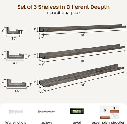 Picture Ledge Wall Shelves 48 Inches Width Set of 3, Solid Pine Wood Rustic Floating Ledge for Kids' Room Bedroom Kitchen Bathroom, Long Floating Shelves for Wall Decor, Grey