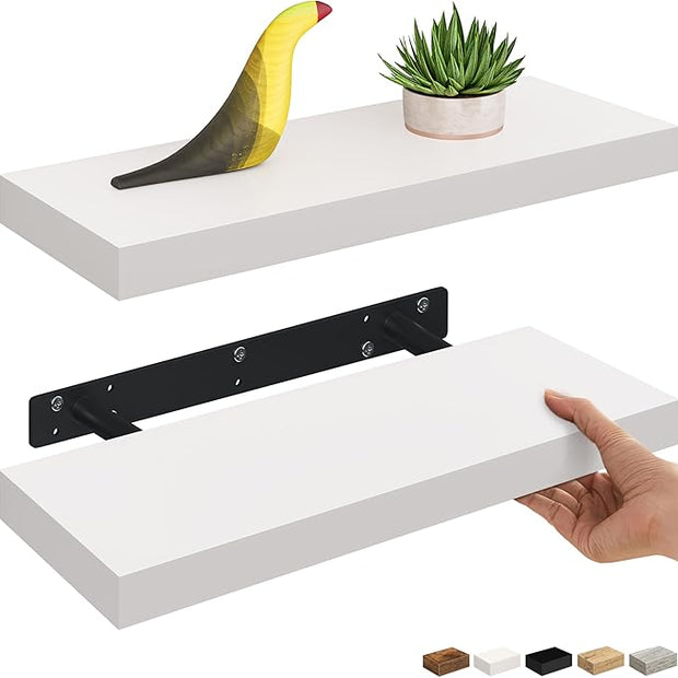 Ballucci Floating Shelves, 2-Pack 16" Wood Wall Shelf Set with Invisible Brackets for Bathroom, Living Room, Bedroom, Kitchen, Nursery, 6" Deep, White