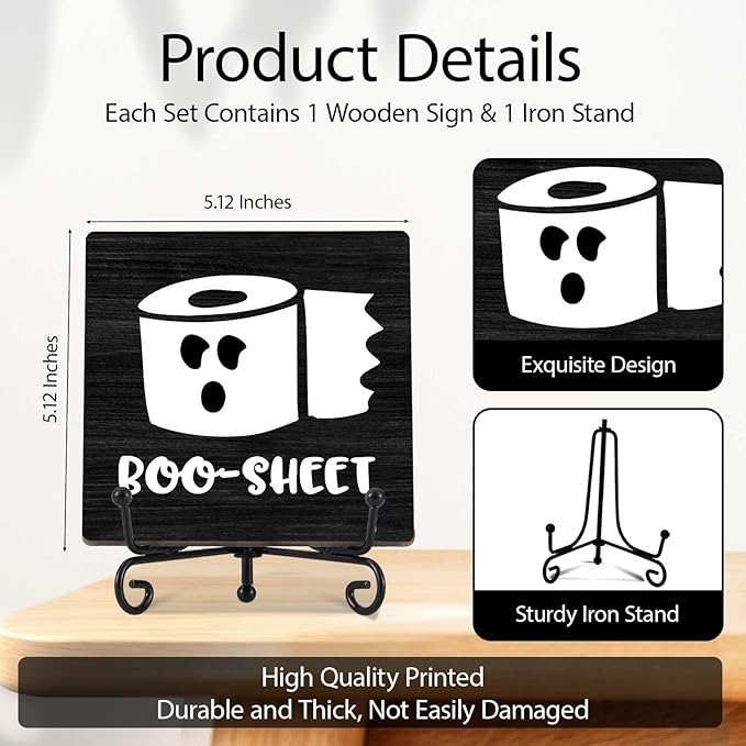 Halloween Bathroom Decor, Boo Sheet Wooden Sign for Home Restroom Desk Shelf, Toilet Paper Table Centerpieces for Washroom Accessories - A11