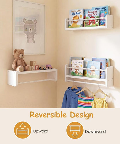 Nursery Book Shelves for Wall Set of 3, White Natural Wood Bookshelf Wall Decor, Small Floating Shelf Organizer for Kids Room, Bedroom, Kitchen Spice Rack