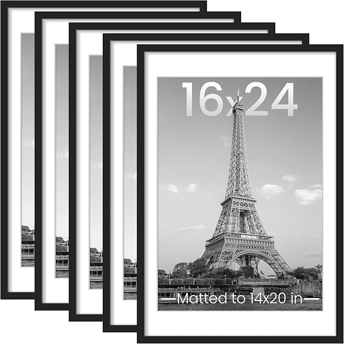 upsimples 16x24 Picture Frame Set of 5, Display Pictures 14x20 with Mat or 16 x 24 Without, Wall Gallery Poster Frames, Black