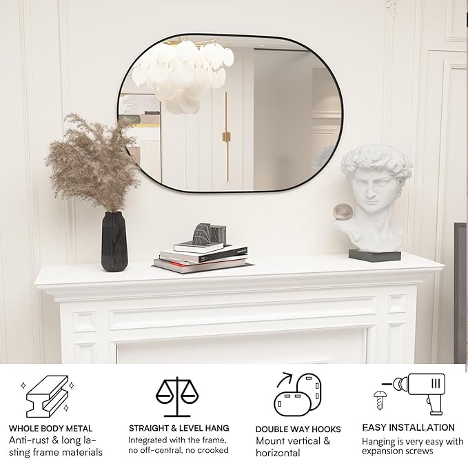 Oval Bathroom Mirror Capsule Wall Vanity Mirror, 24