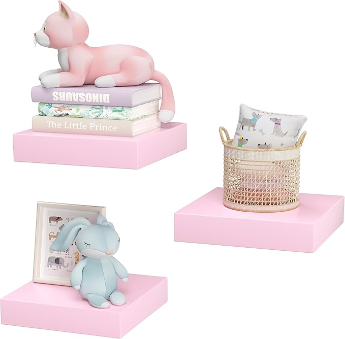 Small Pink Floating Shelves for Wall - 6 Inch Mini Square Shelves for Bedroom, Living Room, Bathroom, Kitchen, Office Decor Set of 3