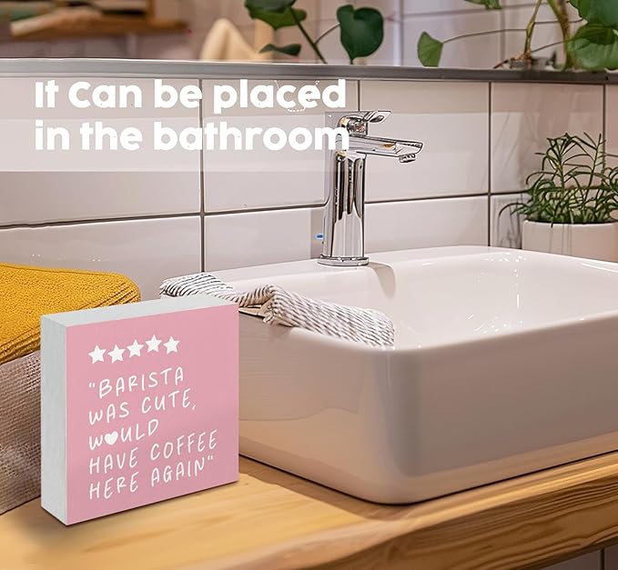 Pink Coffee Bar Accessories - Would Have Coffee Here Again Wooden Box Signs, Bar Decorations For Home, Pink Wood Sign Home Decor For Kitchen Desk Table Shelf 5x5 Inch