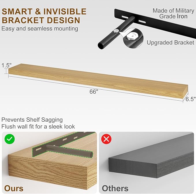 Fun Memories 66 Inch Fireplace Mantel - Long Floating Shelf, Wall Mounted Farmhouse Display with Invisible Heavy Duty Metal Bracket, Oak, 2 Pack