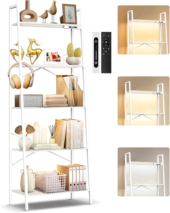 5-Tier Wide Ladder Shelf with LED Lights, Touch & Remote Control, 3 Color Temperatures, Dimmable Tall Corner Standing Bookcase, Metal Wood Display Shelf for Living Room, Bedroom(White)