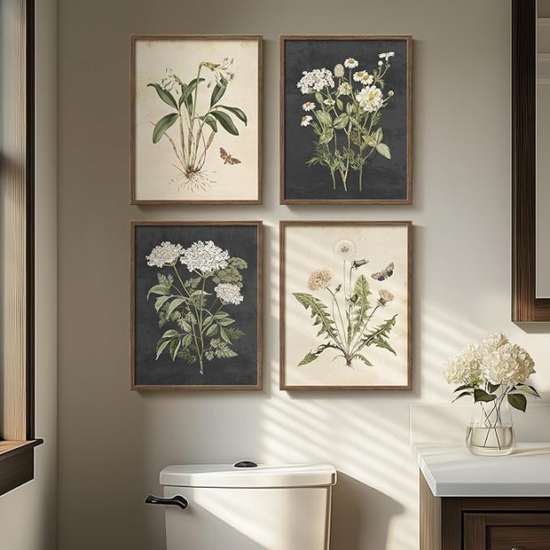 Framed Botanical Wall Art, 4 Piece Vintage Farmhouse Floral Canvas Painting Prints Artwork for Bathroom Walls, Rustic Flower Butterfly Pictures for Kitchen Bedroom Hallway Home Decor, 8x10 Inch