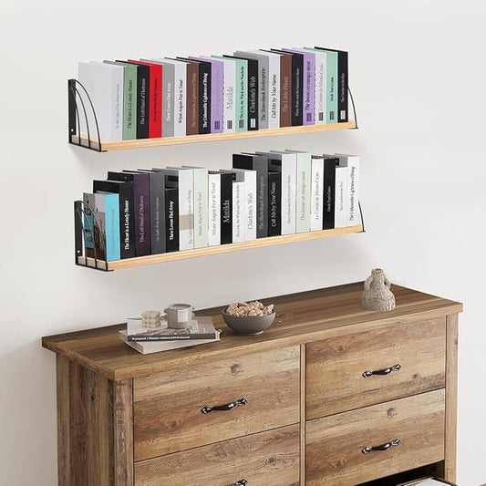 Long 36 inch Wall Bookshelf-Curved Fan-Shaped Design with Built-in Anti-Slip Book Stops|0.71" Thicker Heavy Duty Natural Wood Floating Shelves|Floating Book Shelves for Wall,Home Office Décor Set of 2