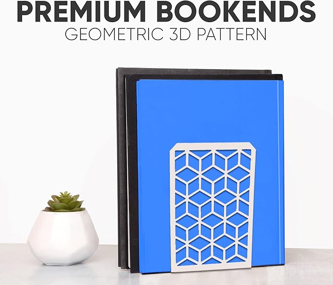 Geomod 3D Cube White Metal Bookends Decorative for Heavy Books - Sturdy Boho Book Stops - Minimal Book Shelf Stopper - Durable Office Bookends - Weighted Metal Book Holders - 7x4.75 Inches - 3 Pair