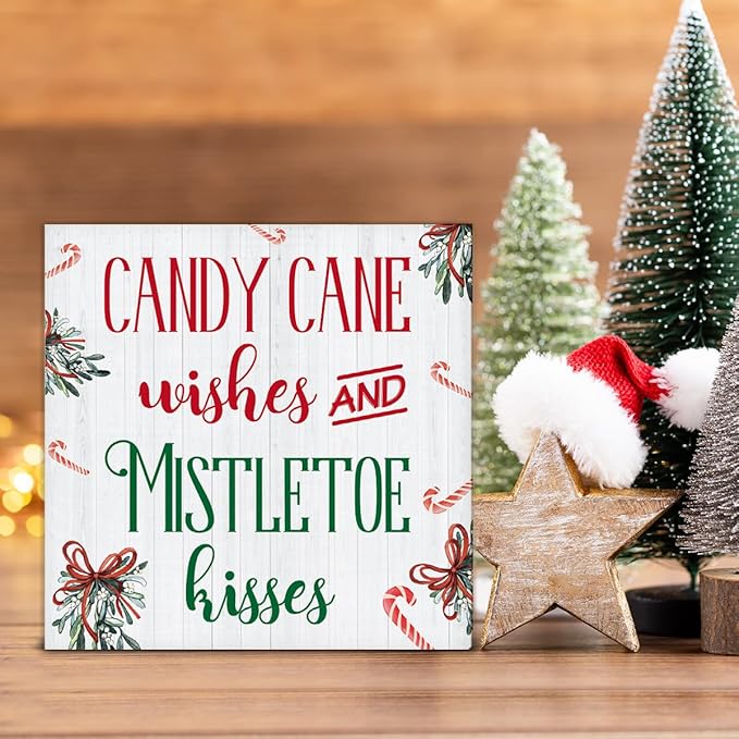 Funny Christmas Decor, Indoor Christmas Decorations, Candy Cane Wishes and Mistletoe Kisses Wooden Sign Rustic Home Shelf Desk Decor 5 x 5 Inches