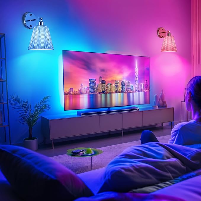 Frideko Swing Arm Rechargeable Battery Operated Wall Sconces Set of Two with Remote, RGB 15 Colors Dimmable Wall Light with Plastic Lampshade, 4 Timer Indoor Boho Wireless Sconce Lighting for Bedroom
