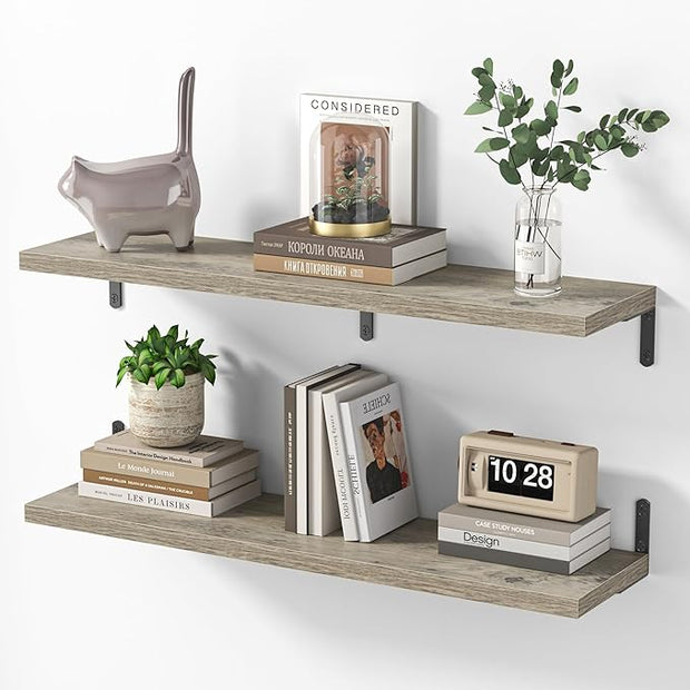 Marsmiles Extra Wide Floating Shelves for Wall, 36x8 Inch Natural Wood Grain Bookshelves, Heavy Duty Mounted Shelving for Bathroom, Kitchen, Living Room, Bedroom,Set of 2，Grey