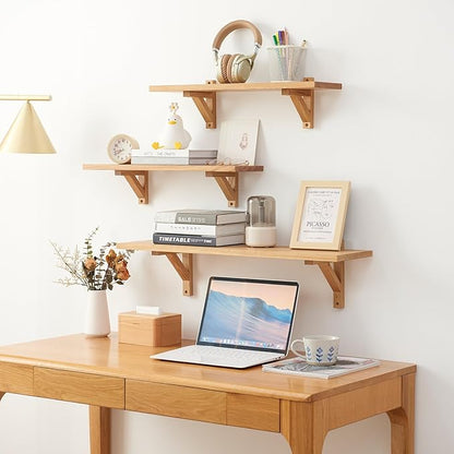 Floating Shelves Oak 32 inches Natural Wood Wall Shelf Wall Mounted Rustic Floating Shelf with Brackets for Bedroom Living Room Bathroom Kitchen Office Wall Storage Shelf