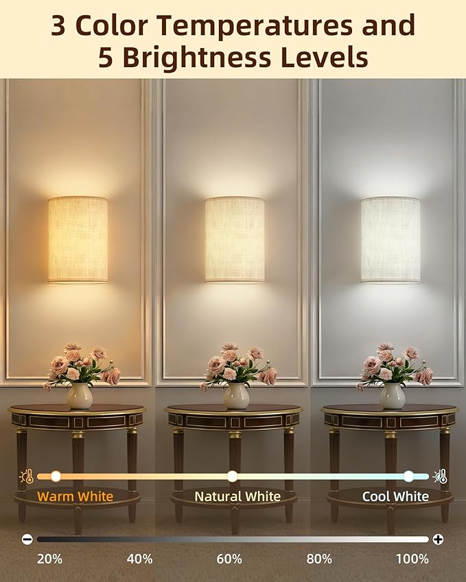 EZVALO Battery Operated Wall Sconce, Rechargeable Wall Sconces Set of Two with Remote, 3 Color & 80 RGB Wireless Wall Lights, Dimmable, Timer, Fabric Linen Shade Wall Decor for Bedroom, Living Room