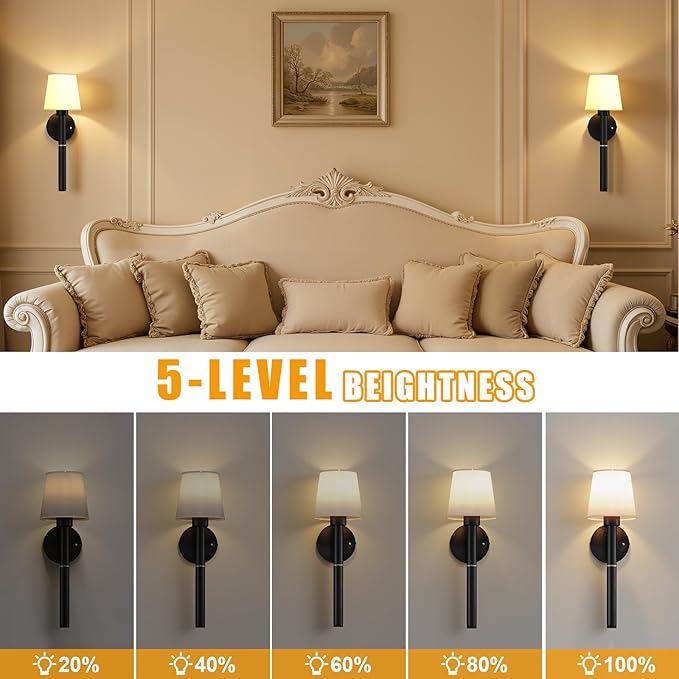 Rechargeable Wall Sconce Set of 2, Black Battery Operated Wall Sconce with Magnetic Rechargeable 5200mAh Battery Stick Dimmable and Remote, 3 Colors Wireless Lighting for Bedroom Hallway