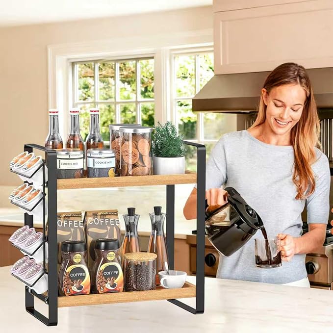 Coffee Station Organizer for Counter,Condiment Storage Caddy for Kitchen,2 Tier Wooden Shelf for Coffee Bar Accessories,Coffee Bar Organizer for Kitchen, Home, Office-Brown