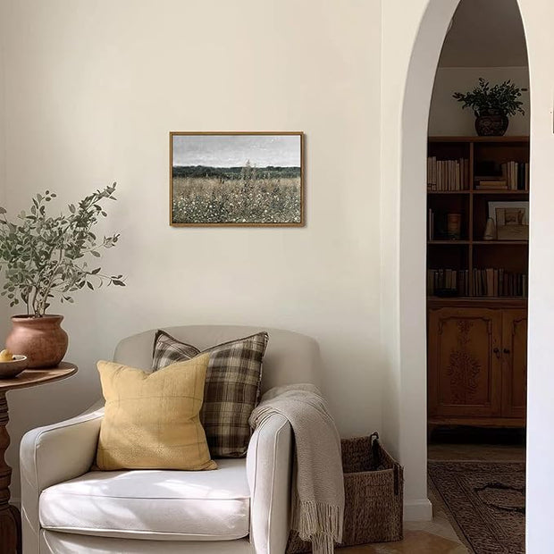 OIQArtOIQ Vintage Framed Wall Art Wildflower Field Meadow Canvas Art Prints Rustic Farmhouse Landscape Pictures Wall Decor Modern Cottagecore Paintings Artwork For Bedroom Bathroom Office Living Room