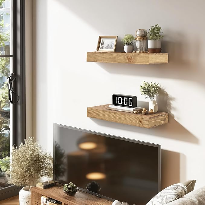 17x6.8x2 Inch Rustic Floating Shelves for Wall Set of 2 - Oak Solid Wood Wall Mounted Shelves with Invisible Bracket, Compact Design for Farmhouse Living Room Bedroom Kitchen Decor