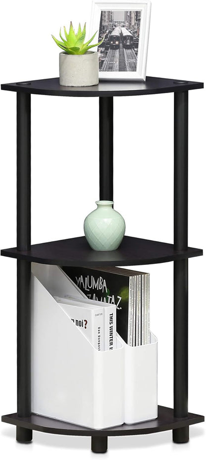 Furinno TURN-N-TUBE Corner Shelf, 3-Tier Corner Bookshelf, Display Storage Shelves with Open Shelves, for Organization and Storage, Living Room, Home Office, Garage, Dark Walnut