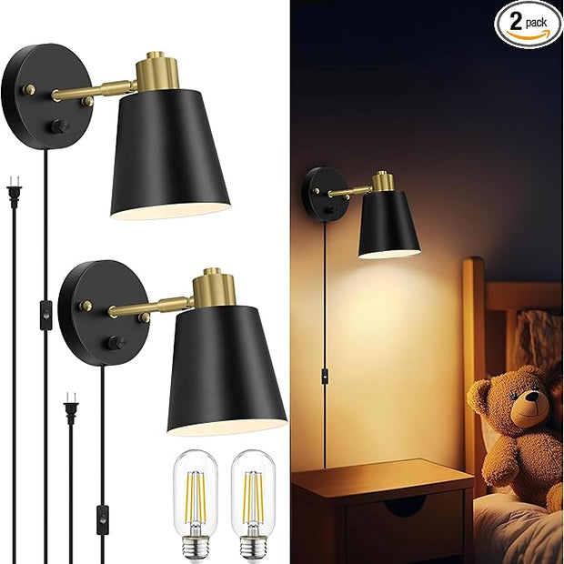 Plug in Wall Sconces Set of 2, Dimmable Wall Lights with Plug in Cord and Dimmer On/Off Knob Switch, Adjustable Angle Black Wall Mounted Lamp for Bedside Bedroom Living Room (2 Bulbs Included)