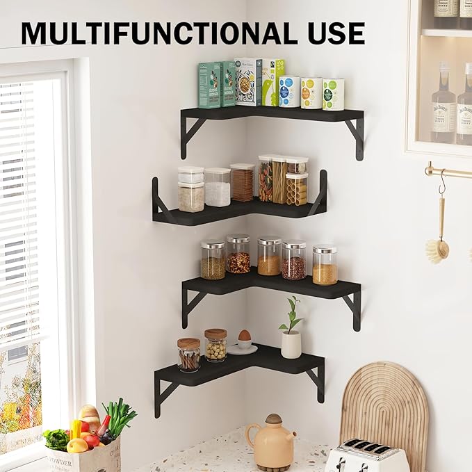 Muzilife Corner Floating Shelves Wooden Floating Shelve Set of 4, Wall Mounted for Storage, L-Shaped Shelves for Wall Decor Organizer for Bedroom, Bathroom, Kitchen, Living Room and Office, Black