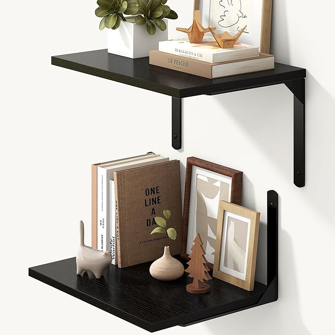 Fun Memories Floating Shelves for Wall, 12 Inch Deep Floating Shelves Set of 2, Wall Mounted Shelf with Metal Brackets, Rustic Wood Wide Shelf for Bathroom, Kitchen and Living Room, Black, 16W x 12D