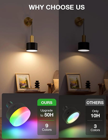 NIORSUN Battery Operated Wall Sconce Set of 2, Gold & Black Wireless Rechargeable Wall Lights with 5200mAh Dimmable Detachable Bulbs and Remote, 9 Colors Sconces Wall Decor for Bedroom Living Room