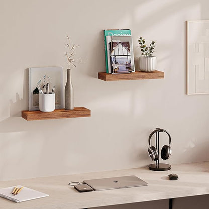 Ballucci Floating Shelves, 16" Wood Wall Shelf Set of 2, with Invisible Brackets for Bathroom, Living Room, Bedroom, Kitchen, Nursery, 6" Deep, Rustic Brown