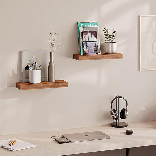 Ballucci Floating Shelves, 16" Wood Wall Shelf Set of 2, with Invisible Brackets for Bathroom, Living Room, Bedroom, Kitchen, Nursery, 6" Deep, Rustic Brown