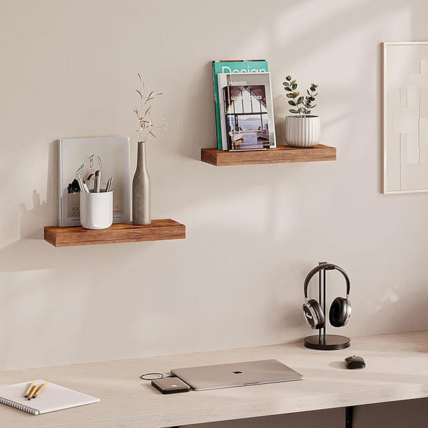 Ballucci Floating Shelves, 16" Wood Wall Shelf Set of 2, with Invisible Brackets for Bathroom, Living Room, Bedroom, Kitchen, Nursery, 6" Deep, Rustic Brown