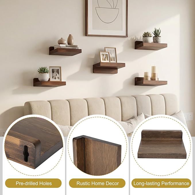 Novabright 5 Pack Small Floating Shelves Mini Shelves Hanging Display 5 Inch Wood Wall Shelf for Plant Bathroom Livingroom Bedroom with 2 Types of Installation Nursery Decor(Brown)