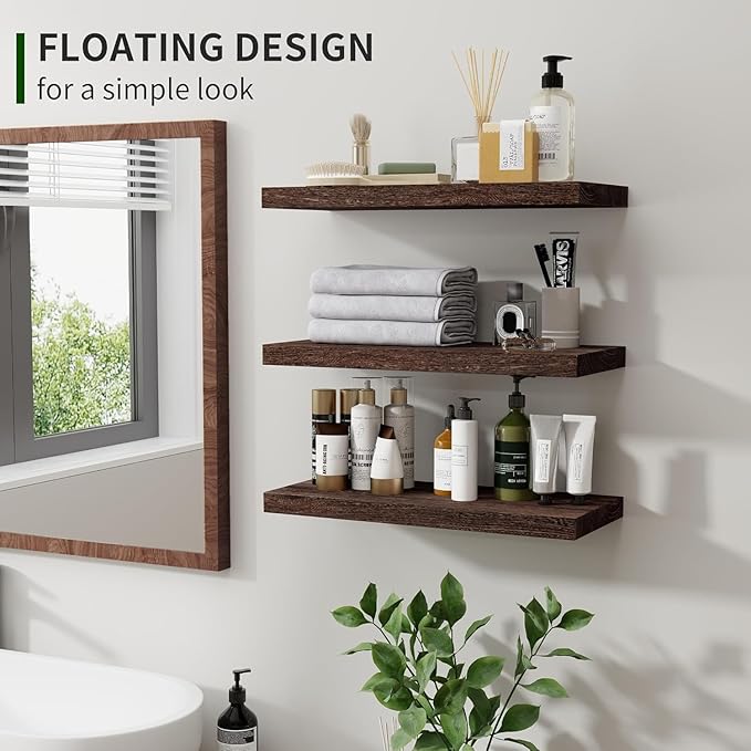 Marsmiles Wood Floating Shelves for Wall Set of 3, 17 Inch Wide Rustic Wooden Floating Shelves, Invisible Wall Mounted Display for Living Room Bedroom Kitchen Bathroom Office, Rustic Brown