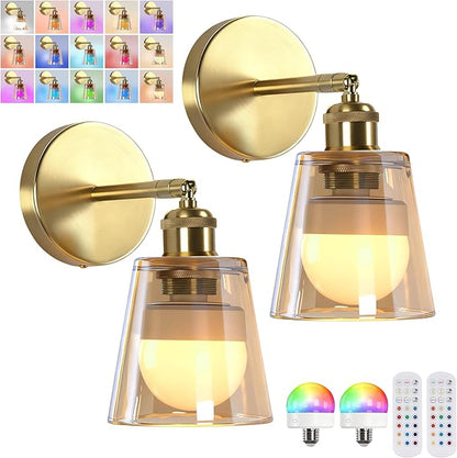 Vintage Battery Operated Wall Sconce with Amber Minimalist Glass Lampshade Rechargeable Battery Powered Wall Light with Remote Control for Bedside Bedroom Bathroom, Set of 2