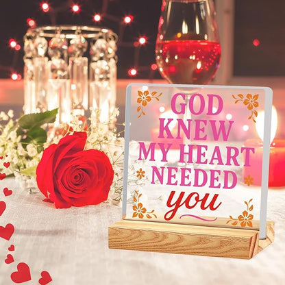 Valentines Desk Decor, Happy Valentine's Day Home Office Table Sign for Porch Tiered Tray Shelf Party, Rustic Romantic Acrylic Gifts Decorations for Him Her Wife, God Knew My Heart Needed You