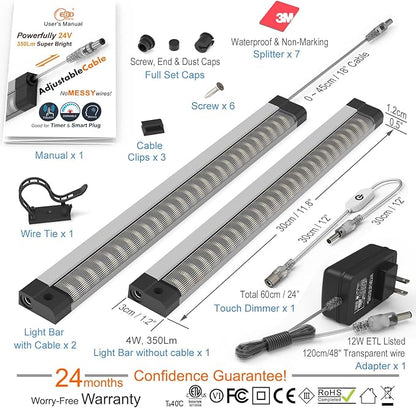 Under Cabinet Lights Built-in ADIUSTABLE Cable LED Light Bar No Messy Wires! Touch Under Counter Lights for Kitchen 3Pcs 6500K Cool White 1350Lm Under Cabinet Lighting Good for Timer Smart Plug